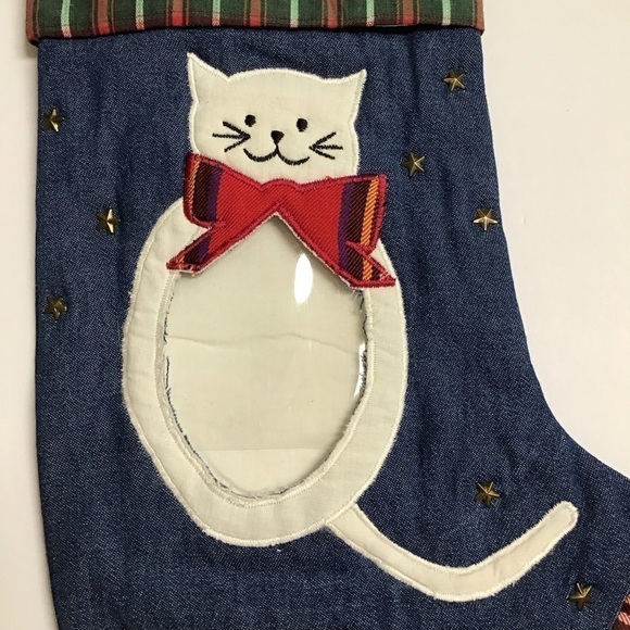 Cat Christmas Stocking Picture Frame Kitten Kitty Pet Applique Plaid Denim Stars - Picture 12 of 13